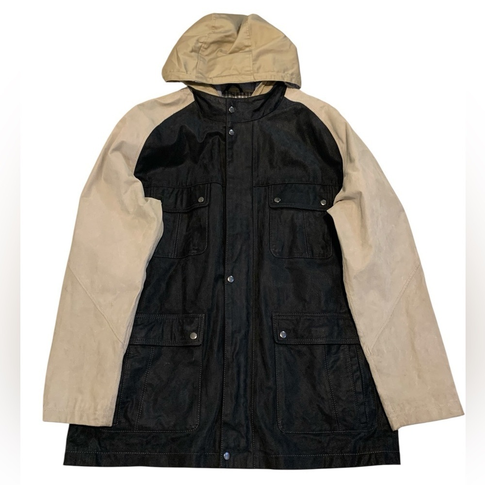 Blink Genuine Leather Colorblock Jacket XL Black Suede & Beige Hooded Parka